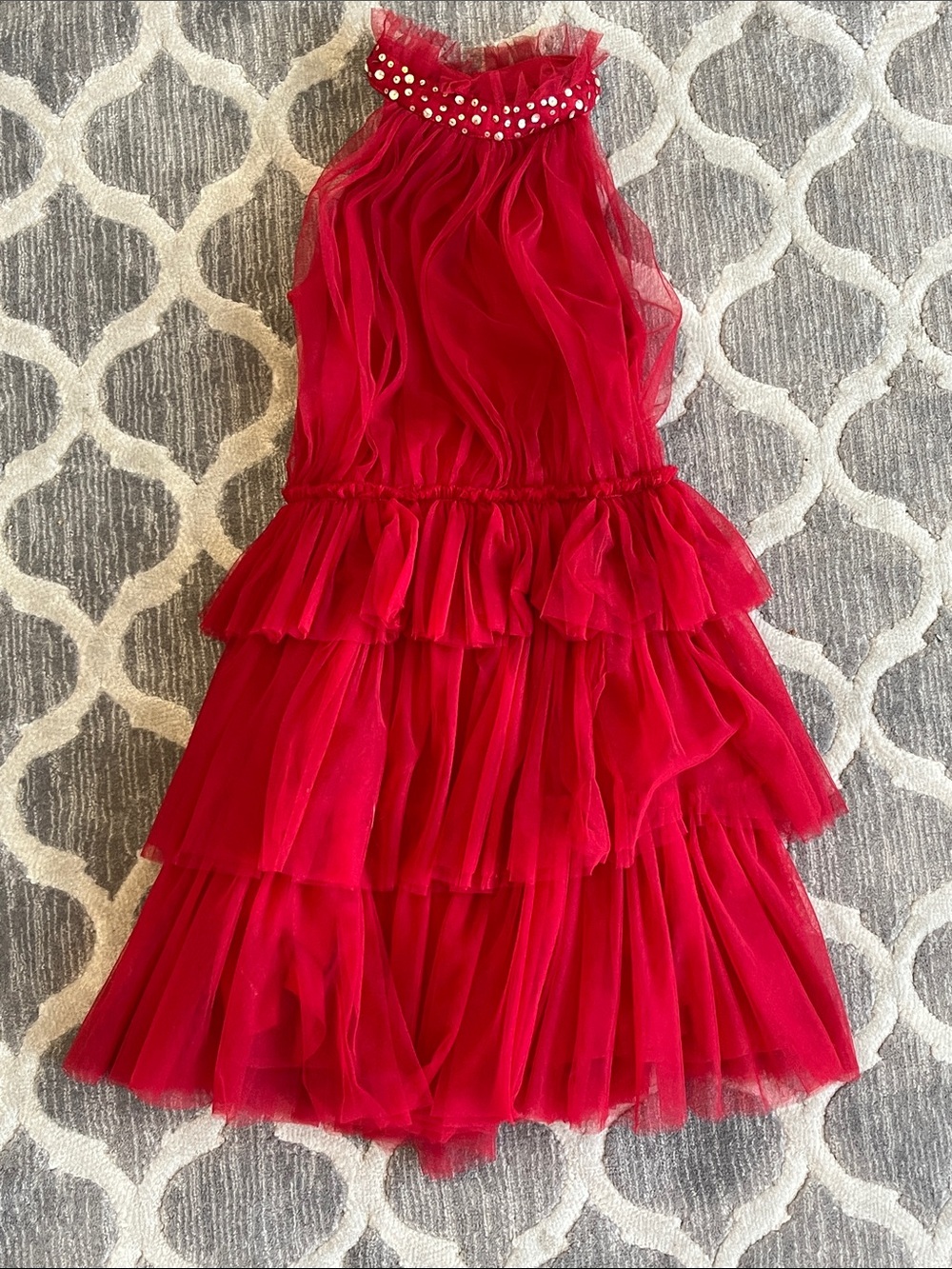 Girls Red Tiered Tulle Party Dress with Jeweled Neckline